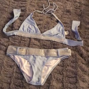 Sequin belted bikini S M 6 8 light blue tie top